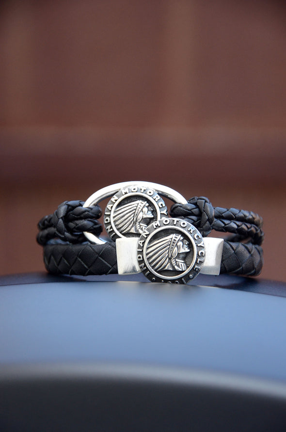 Double Black Leather Braid Bracelet with Indian Icon and Hook Clasp