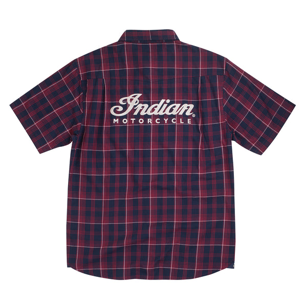 Men's Short-Sleeve Plaid Shirt with Embroidered Logo -Red/Navy