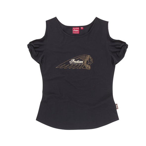 Women's Cold Shoulder T-shirt with Gold Embroidered Headdress -Black