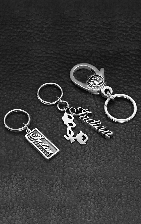 Indian Script Logo Key Fob with Large Motorcycle Charm