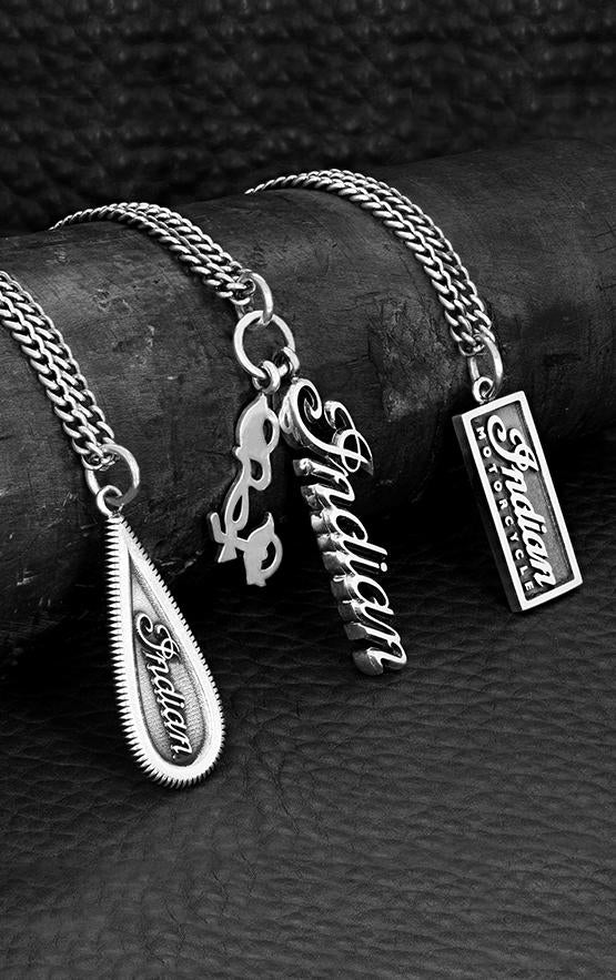Indian Script Logo Pendant with Motorcycle Charm