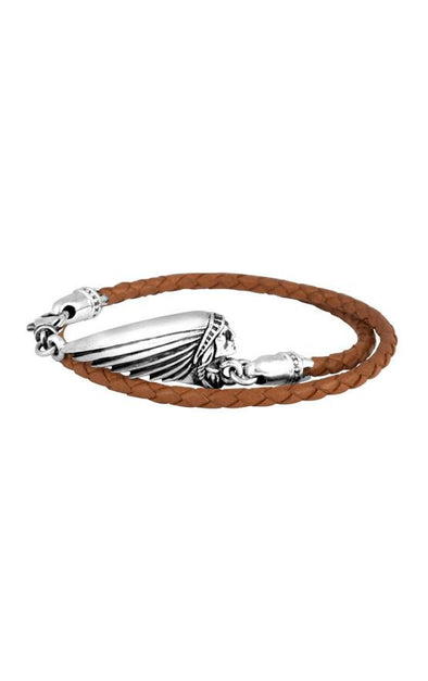 Thin Braided Brown Leather Indian Headdress Double Wrap Bracelet