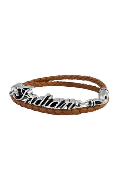 Thin Braided Brown Leather Indian Script Logo Double Wrap Bracelet